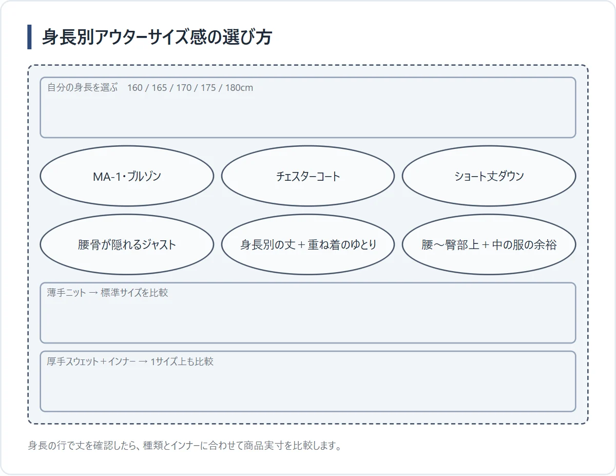 身長160〜180cmで秋アウターの種類とサイズ感を選ぶ対応図